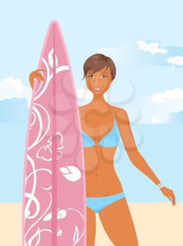 Illustration girl with surfboard in her hand, isolated - vector