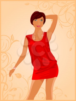 Illustration cute fashion girl on floral background - vector
