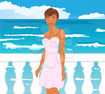 Illustration girl on quay at the sea - vector