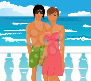Illustration young couple on quay at the sea - vector
