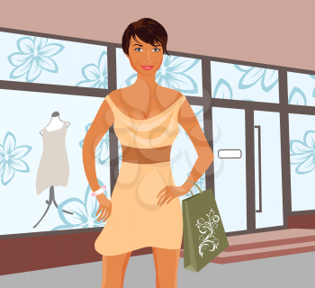 Illustration fashion shopping girl near shop - vector