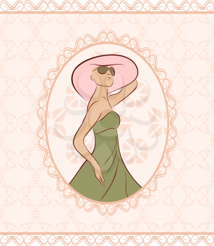 Illustration vintage card with girl, sketch style - vector