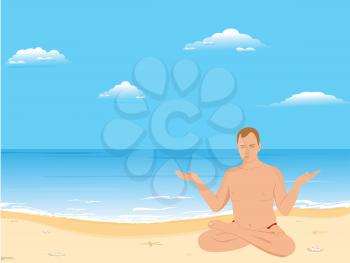 Vector illustration of yogas the man sits on a beach and meditates