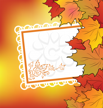 Illustration autumn maple leaves with floral greeting card - vector