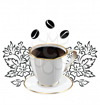 Illustration cup of coffee isolated with floral design elements and coffee beans - vector
