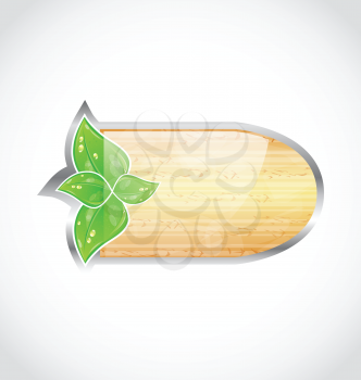 Illustration wooden board with eco green leaves - vector