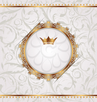 Illustration golden vintage with heraldic crown, seamless floral texture - vector