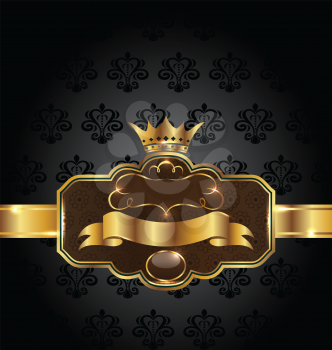 Illustration vintage golden emblem on black floral background - vector