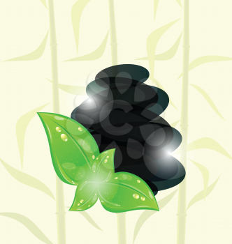Illustration meditative bamboo background with cairn stones and eco green leaves - vector