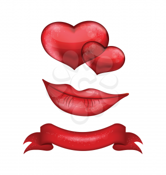 Illustration set of red hearts, lips, ribbon isolated on white background - vector