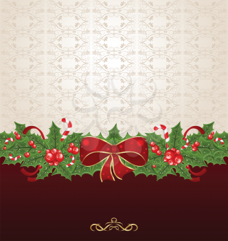 Illustration beautiful Christmas background with mistletoe, bow and pine - vector