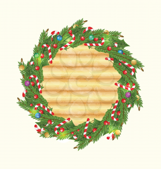 Illustration Christmas wood background with holiday wreath - vector
