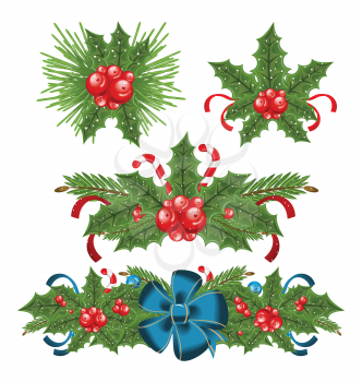 Illustration set holly berry sprigs for christmas decorations - vector