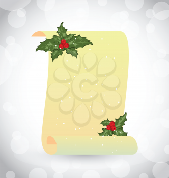 Illustration paper scroll with Christmas holly - vector