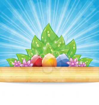 Illustration Easter background with colorful eggs, leaves, flowers - vector