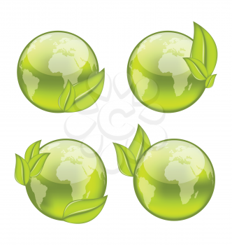 Illustration set icon world with eco green leaves isolated on white background - vector