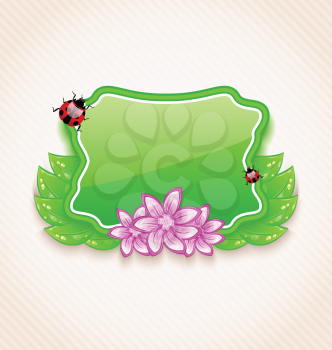 Illustration cute spring card with flower, leaves, lady-beetle - vector