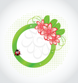 Illustration cute spring label with flower, leaves, lady-beetle - vector