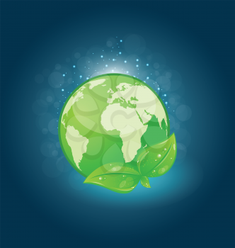 Illustration global planet and eco green leaves - vector