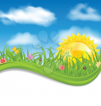 Illustration summer card with sky, cloud, sun, grass, flower, butterfly, ladybug - vector