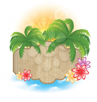 Illustration wooden signboard with palms and flowers on the seashore - vector