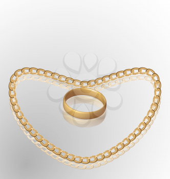 Illustration of jewelry ring on golden chain of heart shape - vector eps10 mesh