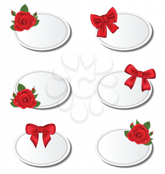 Illustration set label cards with roses and gift bows - vector