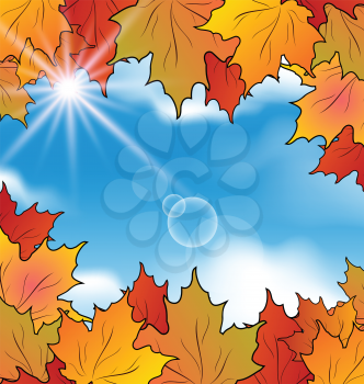 Illustration autumn leaves maple, sky, clouds - vector