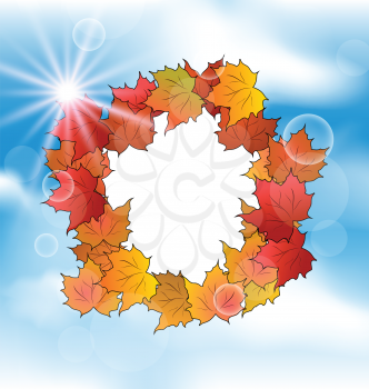 Illustration autumn card with leaves maple on blue sky - vector