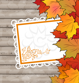 Illustration autumn card with leaves maple, wooden texture - vector