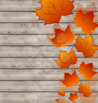 Illustration autumn leaves maple on wooden texture - vector