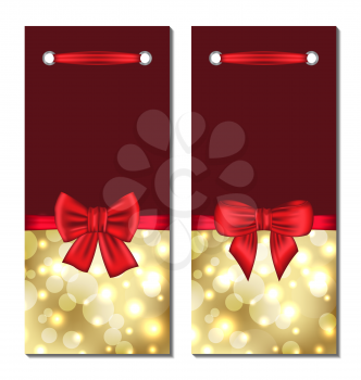 Illustration set holiday glowing cards with gift bows - vector
