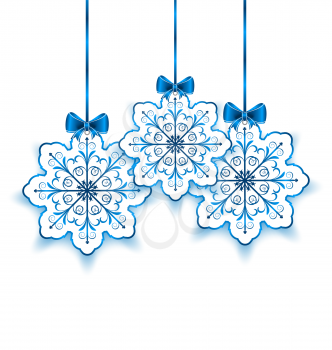 Illustration set Christmas paper snowflakes with bow isolated on white background - vector