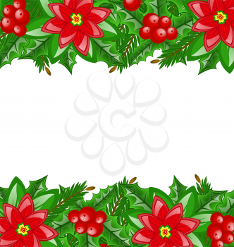 Illustration Christmas decoration with holly berry and poinsettia - vector