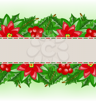 Illustration Christmas card with holly berry and poinsettia - vector