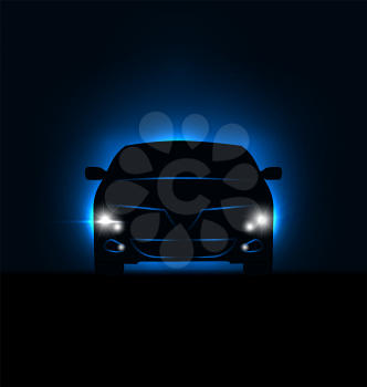 Illustration silhouette of car with headlights in darkness - vector 