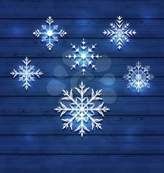 Illustration Christmas set variation snowflakes on wooden background - vector