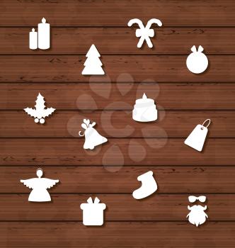 Illustration set Christmas design elements on wooden texture - vector