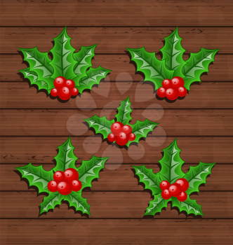 Illustration Christmas set holly berry branches on wooden background - vector