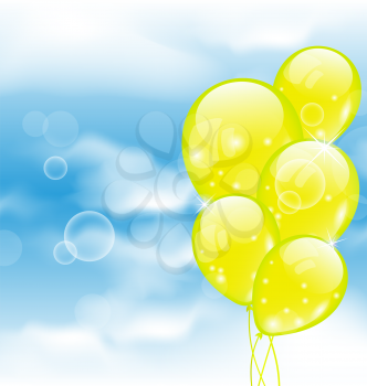 Illustration flying yellow balloons in blue sky - vector