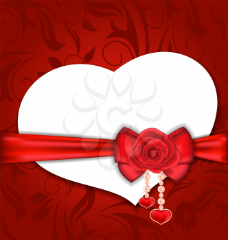 Illustration card heart shaped with silk bow and red rose for Valentine Day - vector