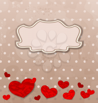 Illustration vintage card with set crumpled paper hearts for Valentine Day - vector