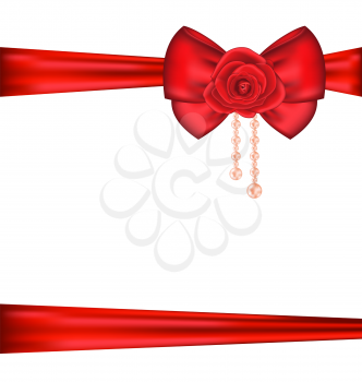 Illustration red bow with rose and pearls for packing gift Valentine Day - vector