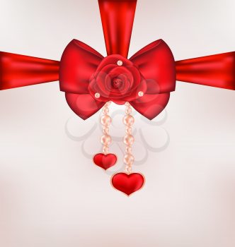 Illustration red bow with rose, heart, pearls for card Valentine Day - vector