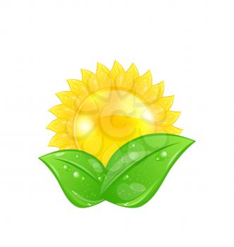 Illustration eco friendly icon with sun and green leaves, isolated on white background - vector