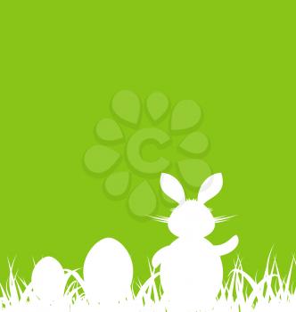 Illustration cartoon green background with Easter rabbit and eggs - vector