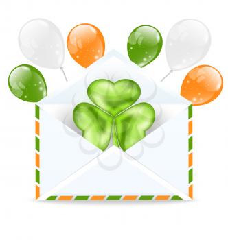 Illustration envelope with clover and colorful ballons isolated on white background  for St. Patrick's Day - vector