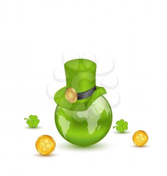 Illustration planet Earth with hat, clovers and coins in saint Patrick Day. Isolated on white background - vector