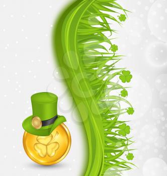 Illustration natural background with coin, hat, shamrocks, grass. St. Patrick's Day - vector