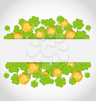 Illustration celebration card with clovers and golden coins for St. Patrick's Day - vector